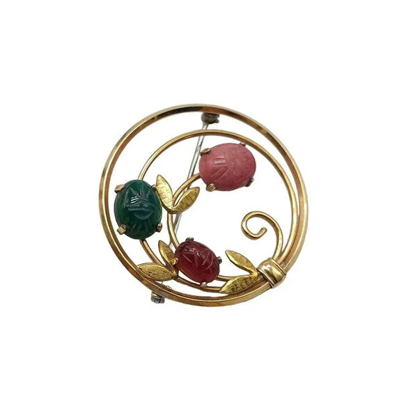 Krementz Texture Scarab Gemstones Circle Brooch Pin Gold Tone Vintage - Picture 2 of 5
